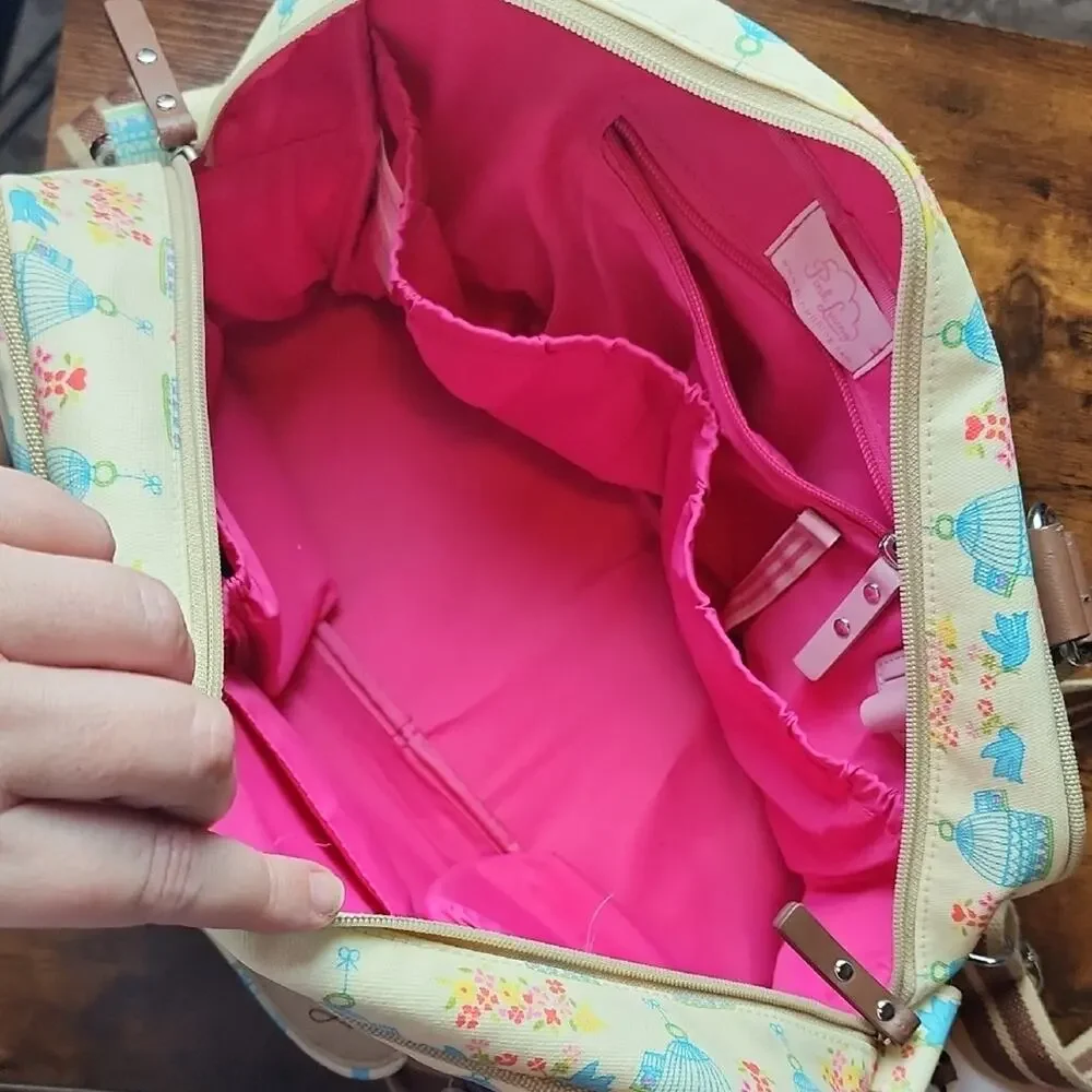 PINK LINING | Yummy Mummy Cream and Brown‎ Floral Blue Birds Baby Diaper Bag